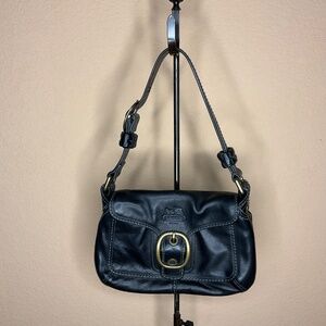 Coach Soho Black Leather Flap Shoulder Bag Brass Buckle Turnlock